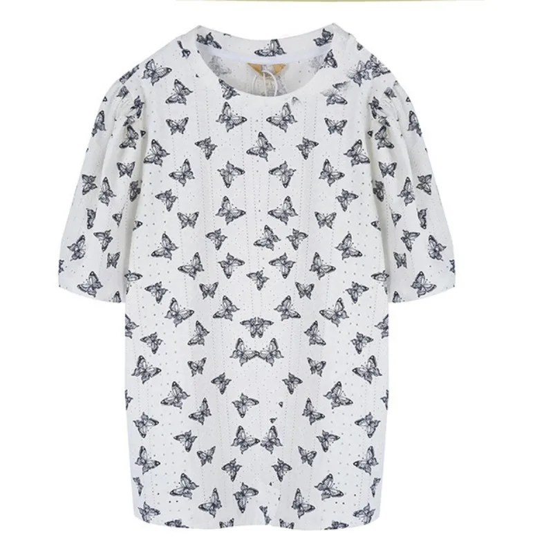 

Summer Fashion New Women Round Neck Short Sleeve T-Shirt Female Loose Animal Print Butterfly White Pullover Tops Streetwear