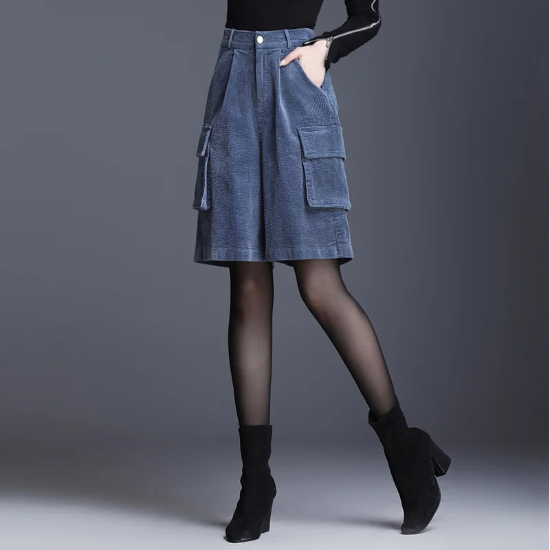 Женские вельветовые шорты с высокой талией и карманами повседневные широкие