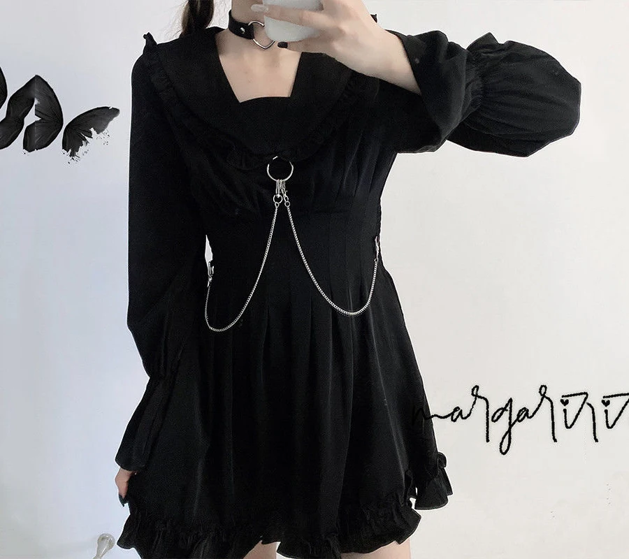 

Spring Large Size Streetwear Dress Summer Plus Size 3XL Punk Chain Ribbon Skirts Women Dress For Female