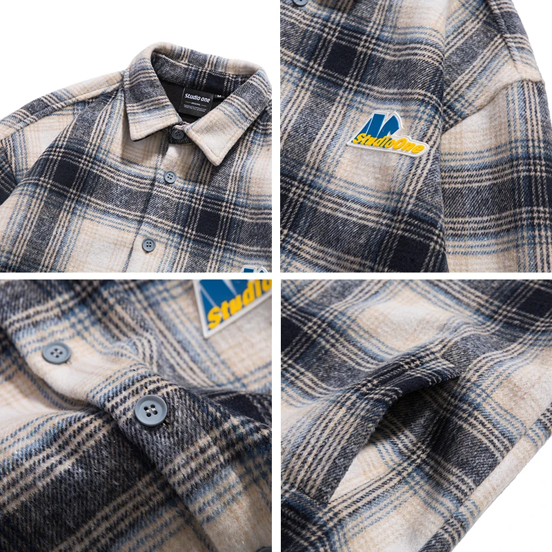 

Plaid Letter Printed Mens Shirts Streetwear Tops Hip Hop Casual Cotton Harajuku Male Long Sleeve Clothing
