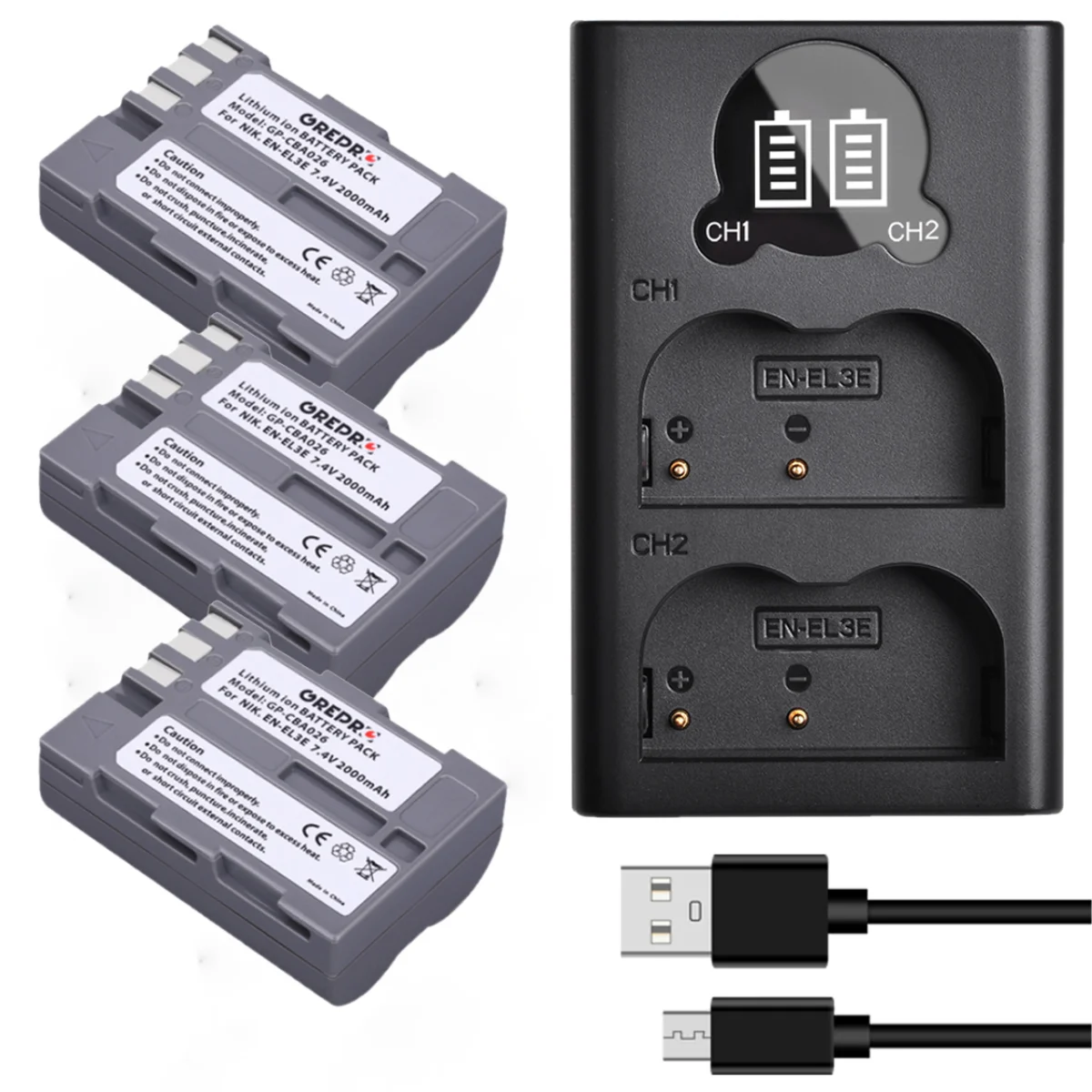 2000 мАч EN-EL3e EN EL3e аккумулятор + зарядное устройство с USB и портом Type-C для Nikon D90 D80 D70
