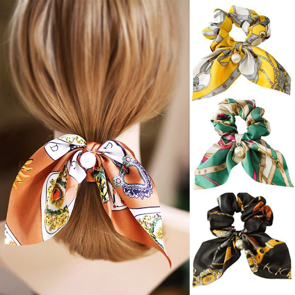 

Chiffon Bowknot Silk Hair Scrunchies Hair Tie Women Pearl Ponytail Holder Hair Rope Rubber Bands Fashion Hair Accessories
