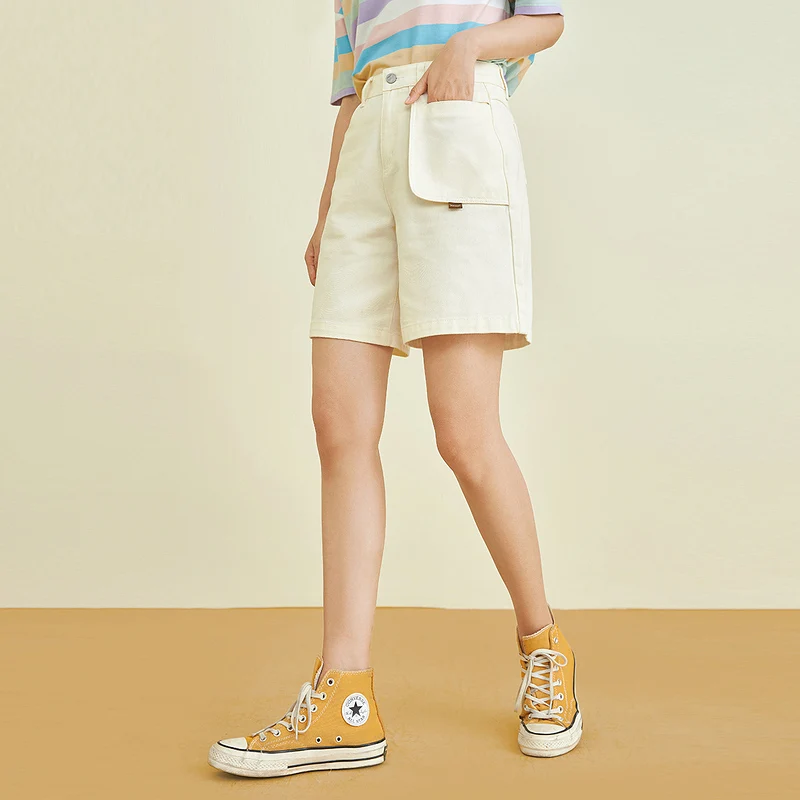

INMAN Summer Women's Shorts Casual Retro Literary Style Creative Stitching Pocket Logo Wide Cuffs Cotton Pure Color Bottoms