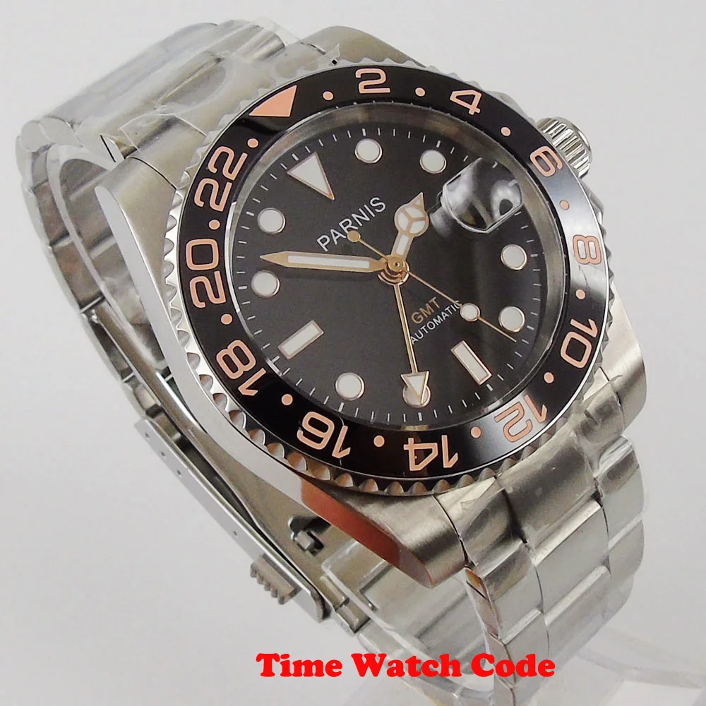 Роскошные мужские наручные часы 40 мм PARNIS с черным циферблатом и керамическим