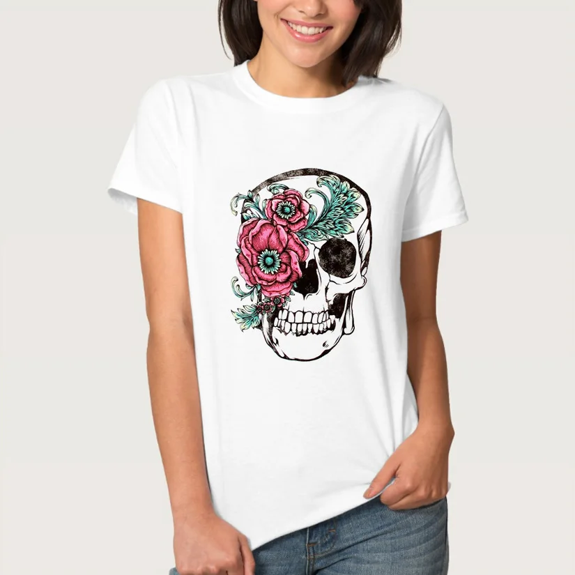 Роза с принтом череп футболка короткими рукавами и круглым вырезом Свободная