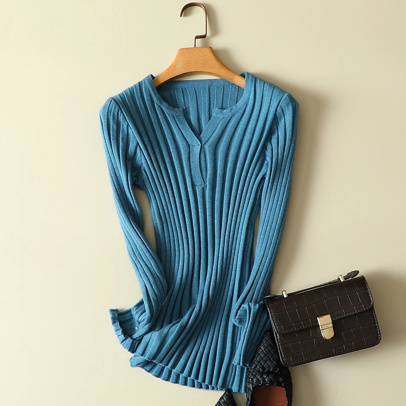

Elastic Knitted Striped Women Sweater And Pullovers Autumn New V-Neck Office Lady Elegant Buttoming Pulls Outwear Tops