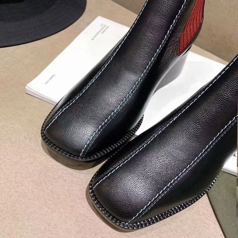 

Woman boots 2020 new high edition leather British style high heel square head knitted thin short boots short elastic socks