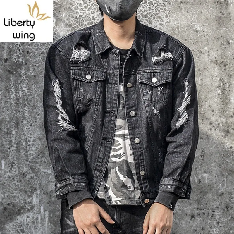 Джинсовая куртка унисекс с длинным рукавом однобортная рваная приталенная из