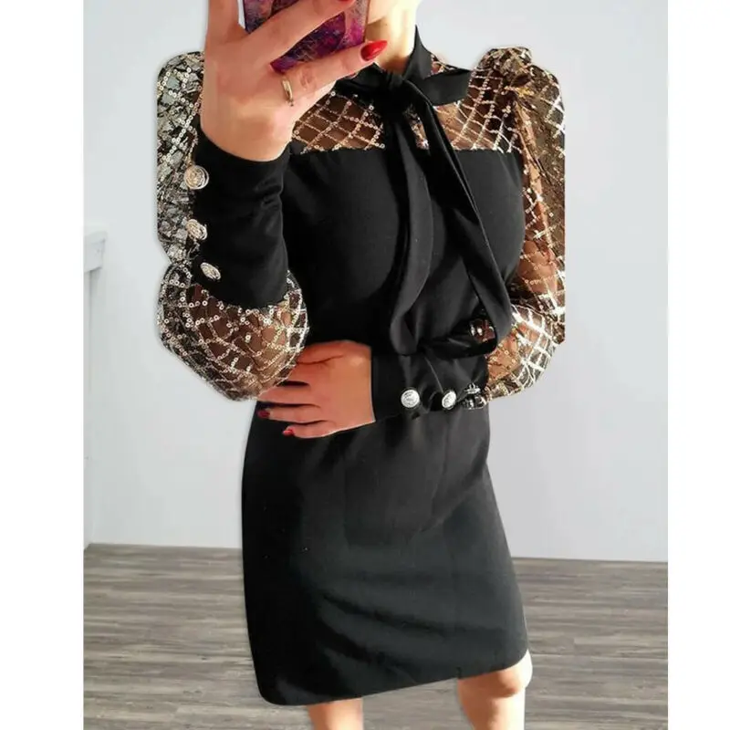 Элегантное платье женское сексуальное Сетчатое с блестками и галстуком-бабочкой