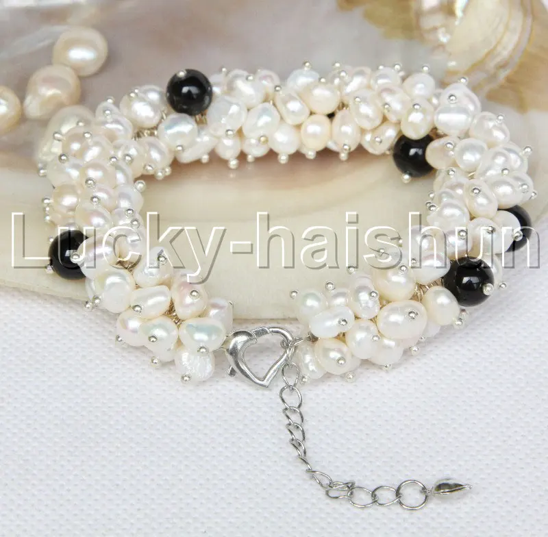 

JQHS Adjustable Handmade Baroque Gray freshwater pearls black agate Beaded bracelet j11772