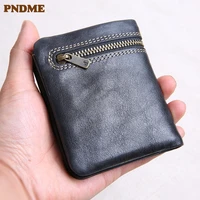 pndme fashion genuine leather short mens womens small wallet retro designer natural real cowhide thin card holder coin purse