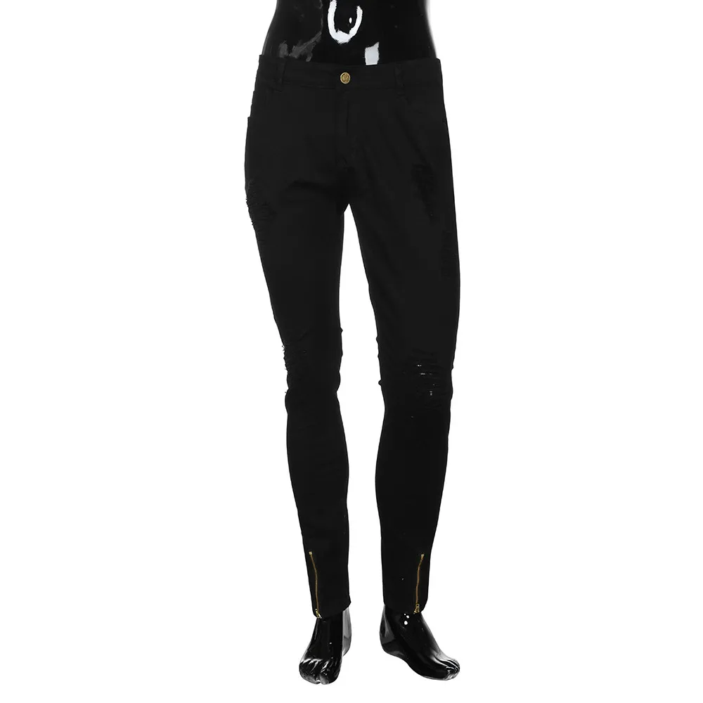 Мужские однотонные джинсы на молнии узкие байкерские с потертостями