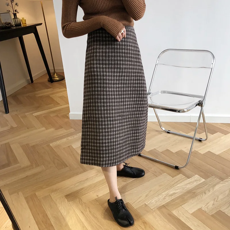 2021 Spring Black Plaid Woolen Skirt Real Photos Brown Middle Length Women High Waist Bodycon Pencil Skirts with Slit Long WH619