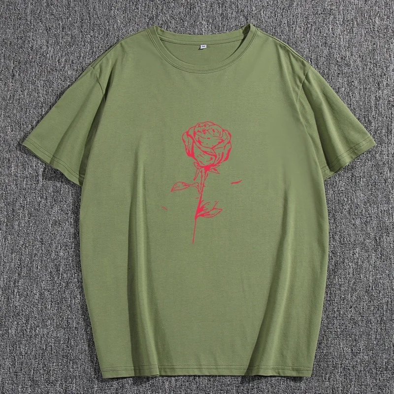 

Футболка мужская повседневная с коротким рукавом, модная винтажная уличная одежда с графическим принтом роз, свободная рубашка с круглым в...