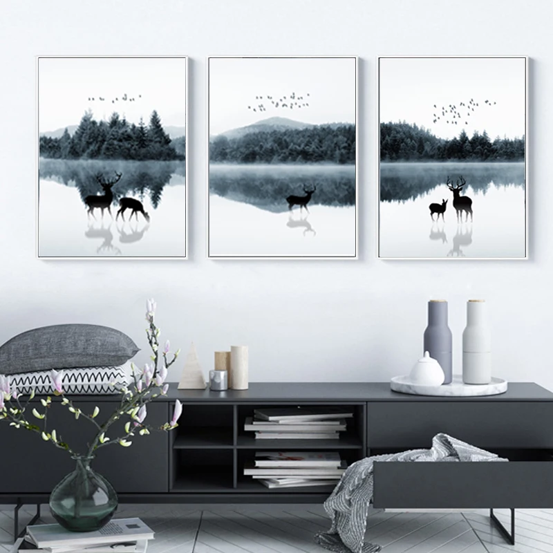 

Nordic Landscape Deer Poster Canvas Painting Poster HD Prints Abstract Mural Picture, Living Room Decoration