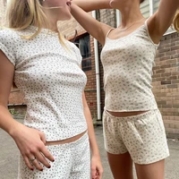 vintage floral lace cotton sets women summer sweet cute bow camis top and elastic waist sweatshorts casual retro two piece set