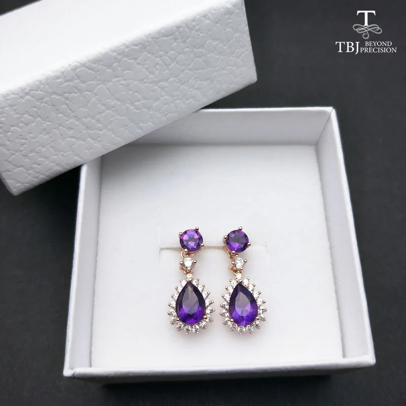 TBJ, 925 пробы, серебряные ювелирные серьги-капли, 3 карата, натуральный аметист, драгоценный камень, роскошные серьги для женщин с подарочной коробкой
