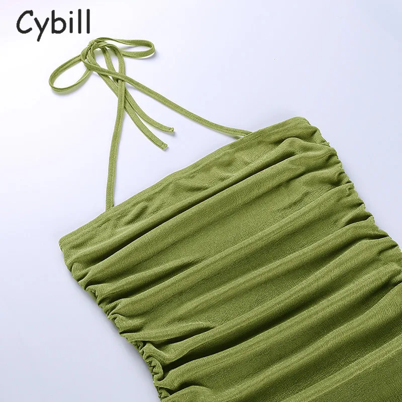 

Cybill Halter Summer Bodycon Dress Lace Up Tube Mini Club Dress Ruched Off Shoulder Party Women Dress