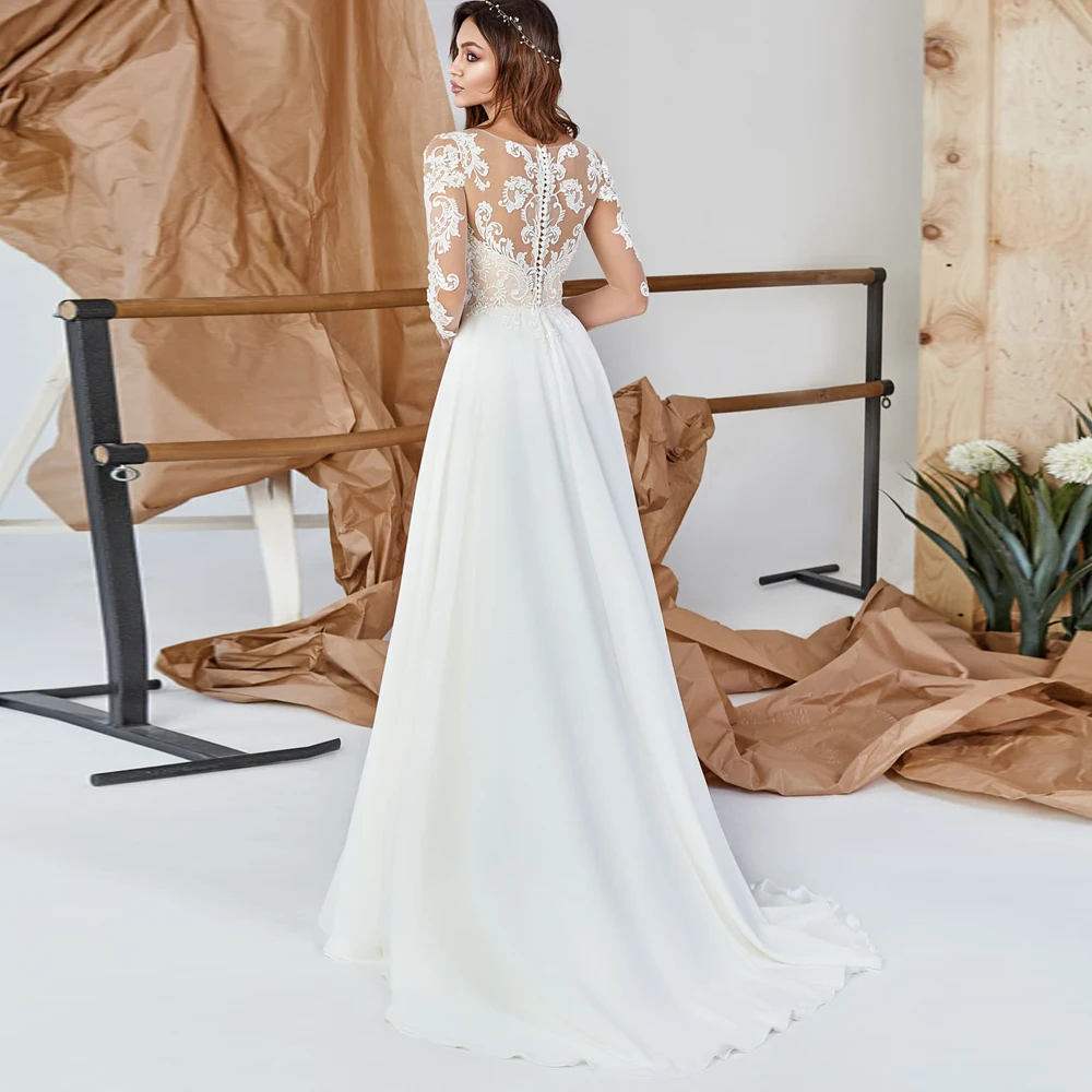 

Vestidos Charming Wedding Dresses Appliques Jersey Pleat Bateau Full Sleeve Covered Button A-Line Bridal Gowns Novia Do