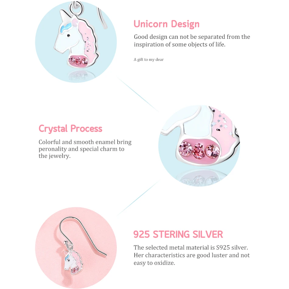 Модные милые розовые серьги гвоздики с единорогом из стерлингового серебра 925