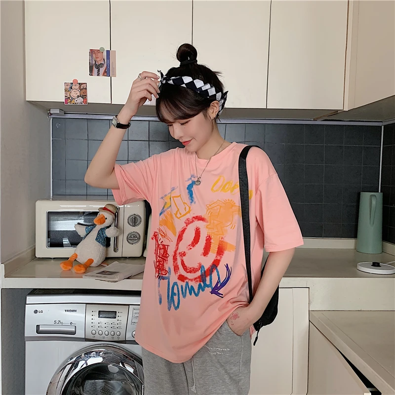 

Korean Printed Short-Sleeved T-Shirt Women'S Round Neck Mid-Length Letter Smiley Face 2021 Summer New Loose And Thin Top 6343