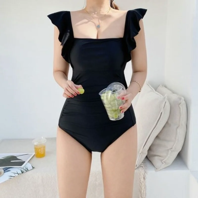 

One Piece Swimsuit Push Up Swimwear Women Ruffle Backless Swimsuit Monokini Summer Bodysuit Beach Bathing Suit Black 2021