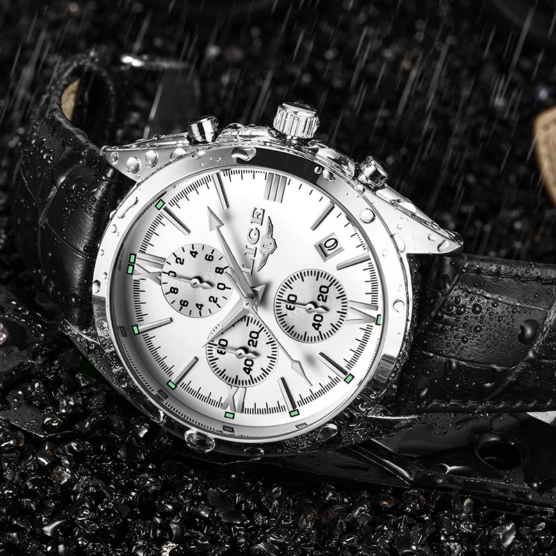 Часы LIGE мужские наручные кварцевые в стиле милитари с хронографом и