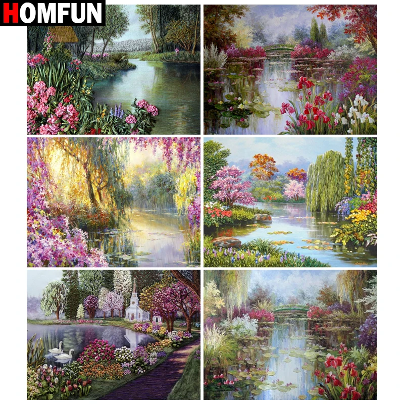 

Картина HOMFUN с алмазной вышивкой, «пейзаж, озеро, цветок», алмазная живопись, полный квадратный фотографический Декор