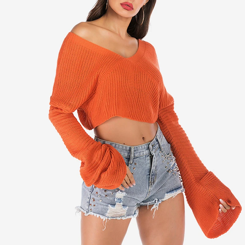 

NORMOV Spring And Autumn Fashion Women Sweater Solid Color Loose Long Sleeve V-Neck Knitted Sweater Pullovers Short Sweater