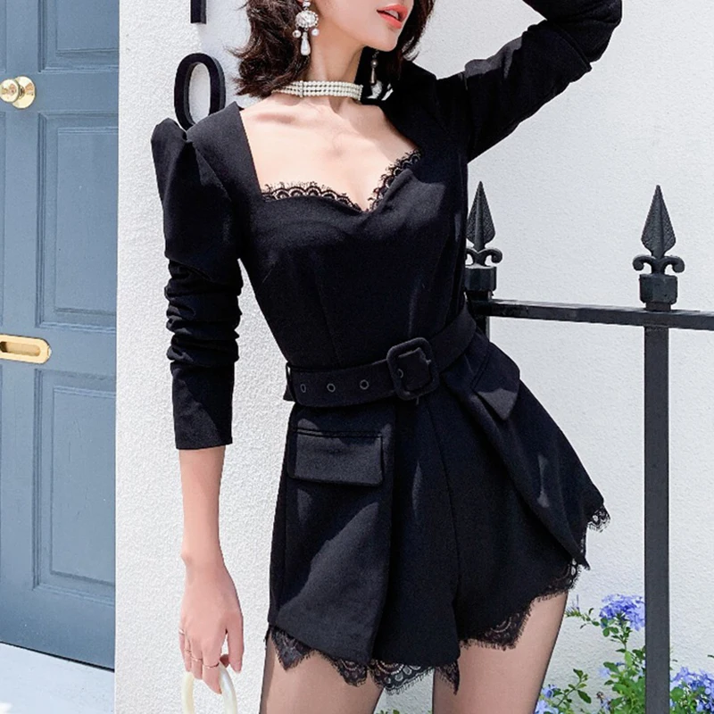 TWOTWINSTYLE Лоскутные кружевные женские комбинезоны с квадратным воротником и длинными рукавами, облегающее боди с высокой талией, женские осенние модные новые