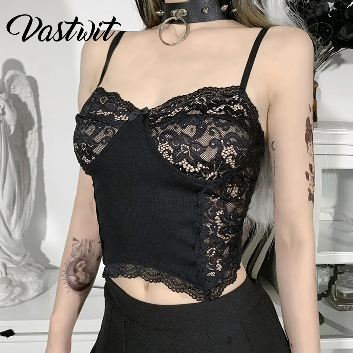 

Gothic Sexy Mesh Black Camis Punk Patchwork Strap V-neck Transparant Women Crop Tops Hollow Out Front Summer Clubwear