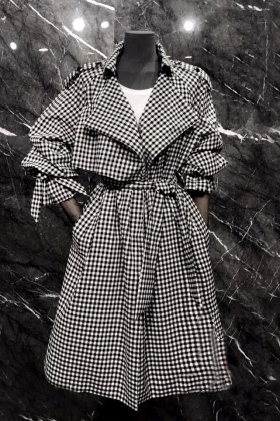 

Women's Autumn winter Checked Trench Coat Oversize Coats With Belt Lapel Collar Female plaid Outerwear