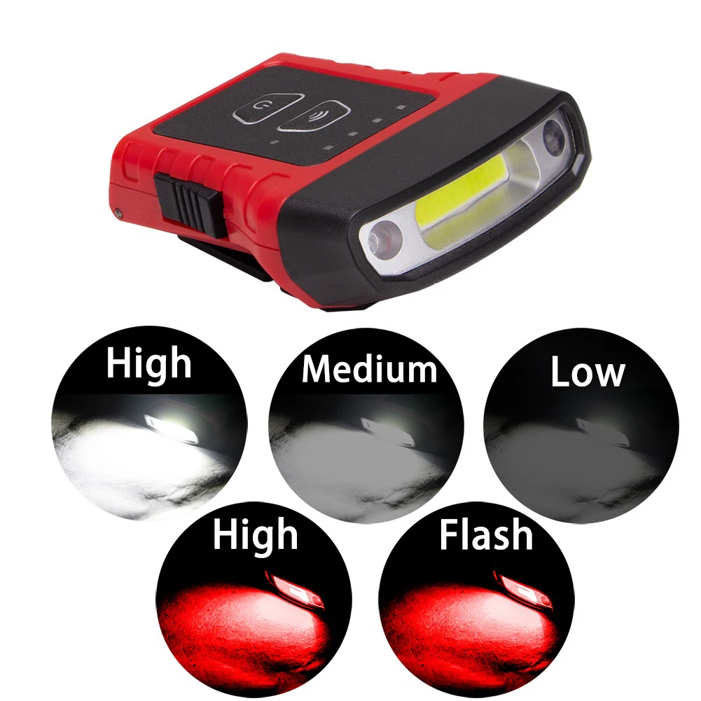 

2 in 1 Cap Light Headlight 5 Modes White Red COB LED Headlamp USB Charging Head Lamp Inductive Head Cap Hat Light Clip on Lights