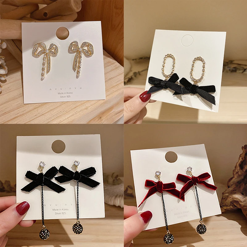 

Elegant Rhinestone Lace Bowknot Dangle Earrings Women Crystal Pearl Diamond Drop Earrings Trendy 925 Sliver Stud Ear Jewelry