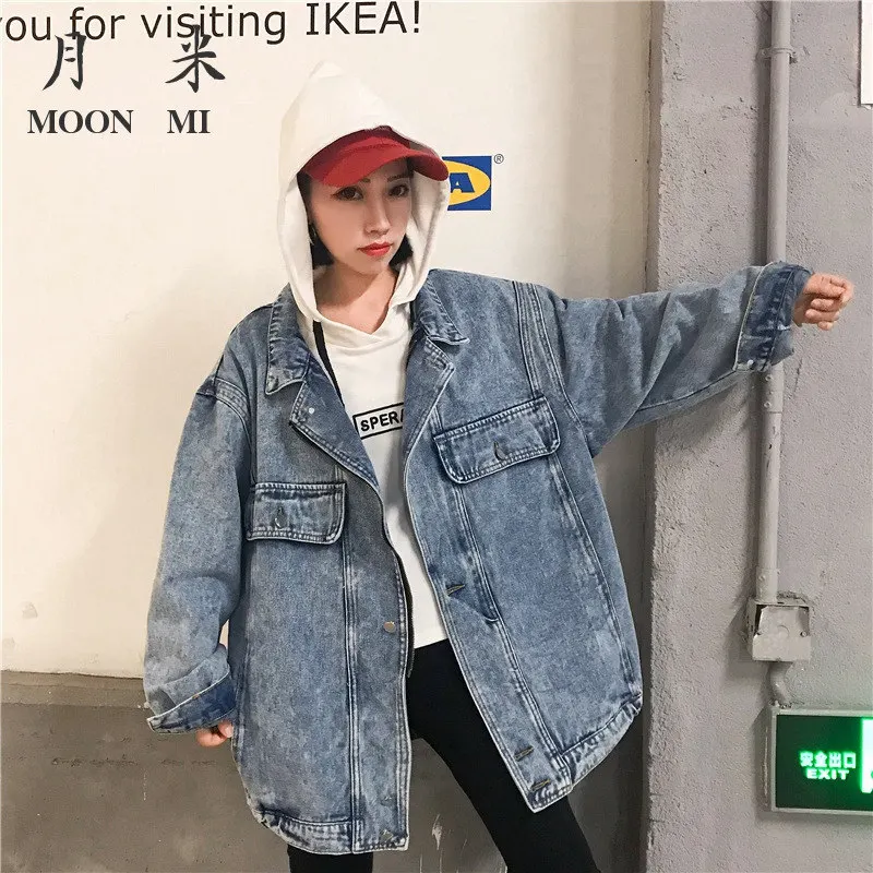 Винтажная Женская Джинсовая длинная куртка осенняя джинсовая женское Свободное