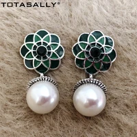 totasally elegant green enamel flower earrings simualted pearl dangle earrings antique alloy vintage jewelry gifts dropship