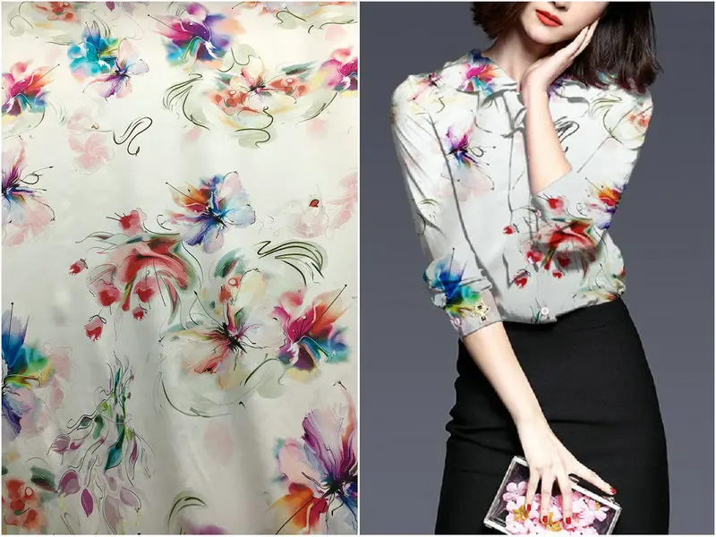 

108cm wide 19mm 97% mulberry silk & 3% spandex butterfly print stretch silk satin fabric for dress shirt clothes cheongsam C002