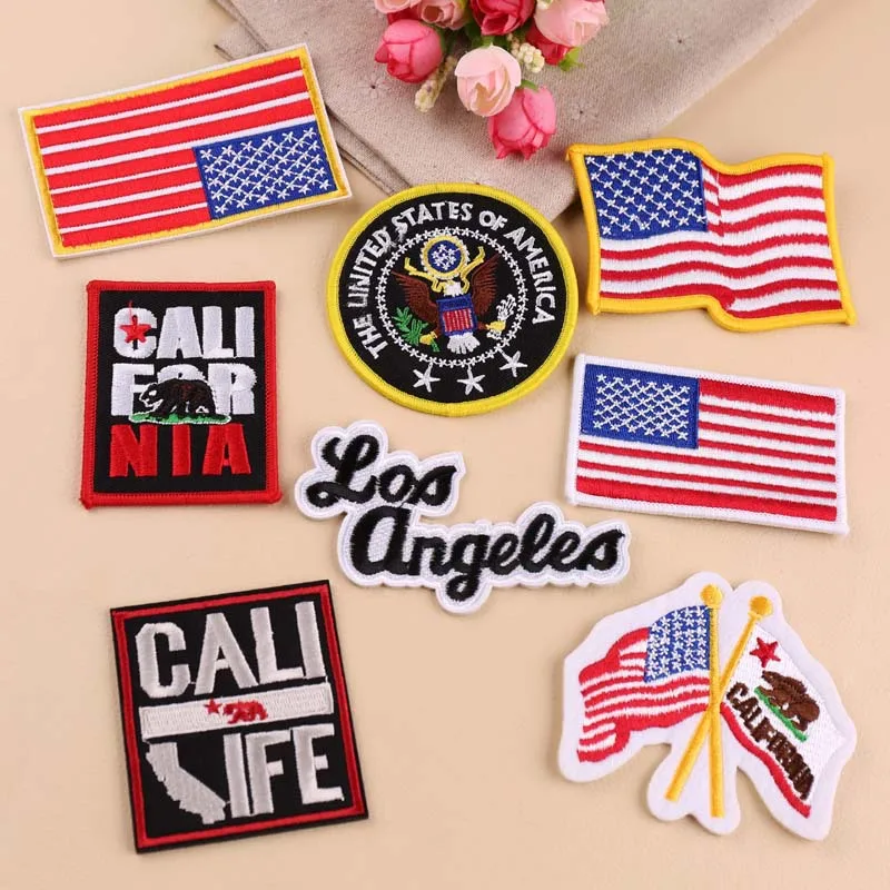 

10pcs/lot Round Embroidery Patches Letters Red Blue American Flag Clothing Accessories Heat Transfer Badge Iron Applique