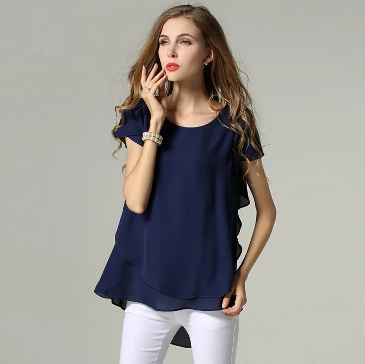 Large 3XL 4XL 5XL Plus Size chiffon blouse 2020 Summer short sleeve shirts Yellow Navy White Black women tops camisa feminina | Женская