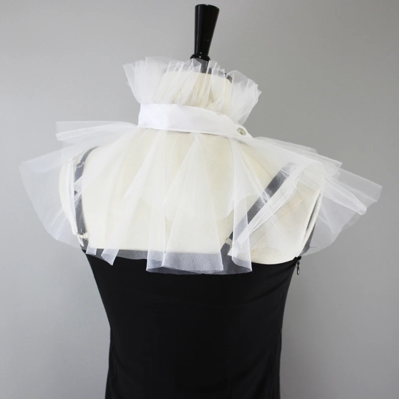 

Women Victorian Mesh Ruffled Fake Stand Collar Layered Tulle Button Neck Ruff Clown Choker Shawl Wrap Cosplay Costume