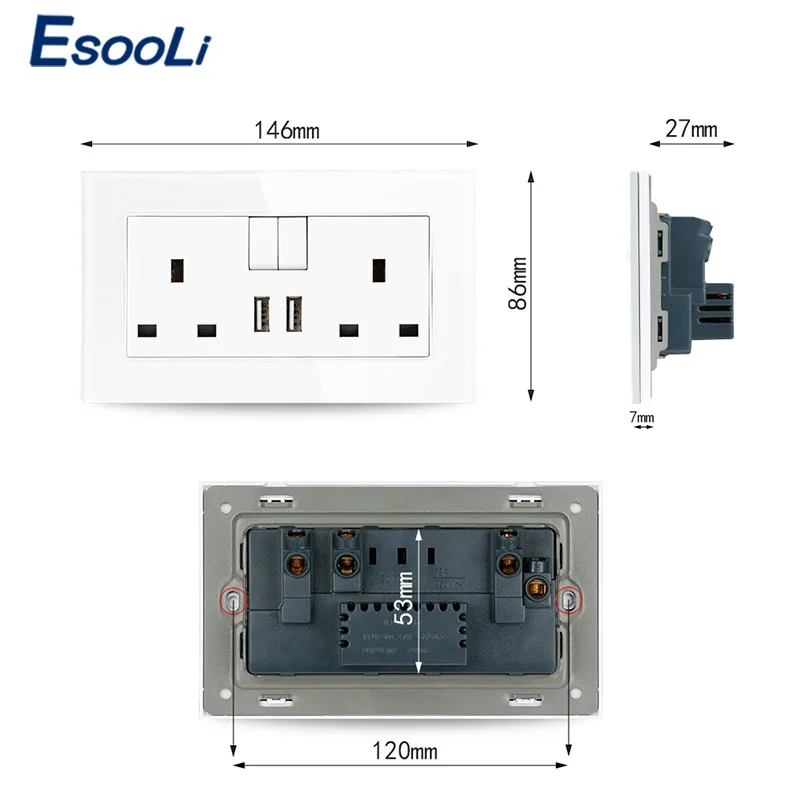Стеклянная панель Esooli 13 А двойная розетка стандарта Великобритании с
