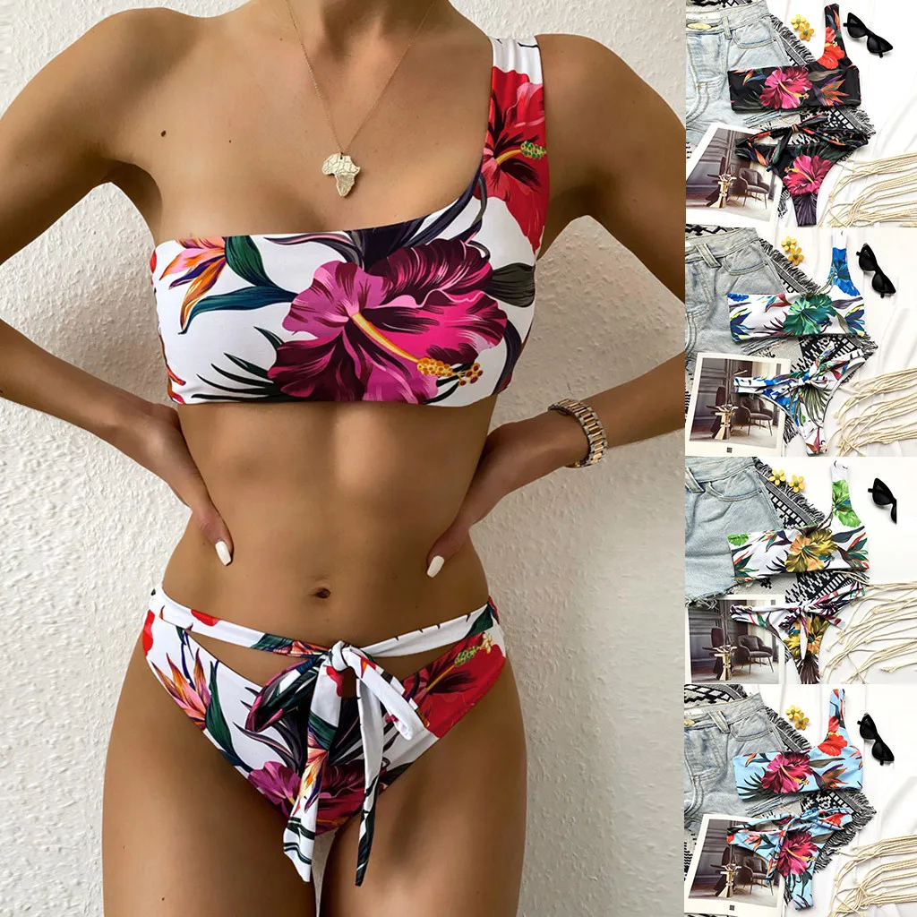 Женский купальник комплект бикини с цветочным принтом бандажный на одно плечо