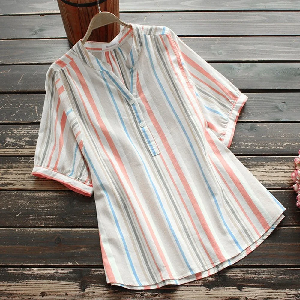 

Cotton Summer New Style Women's Loose Hedging Short-sleeved Shirt Printed Striped Shirt Casual Blouse women shirts blouses