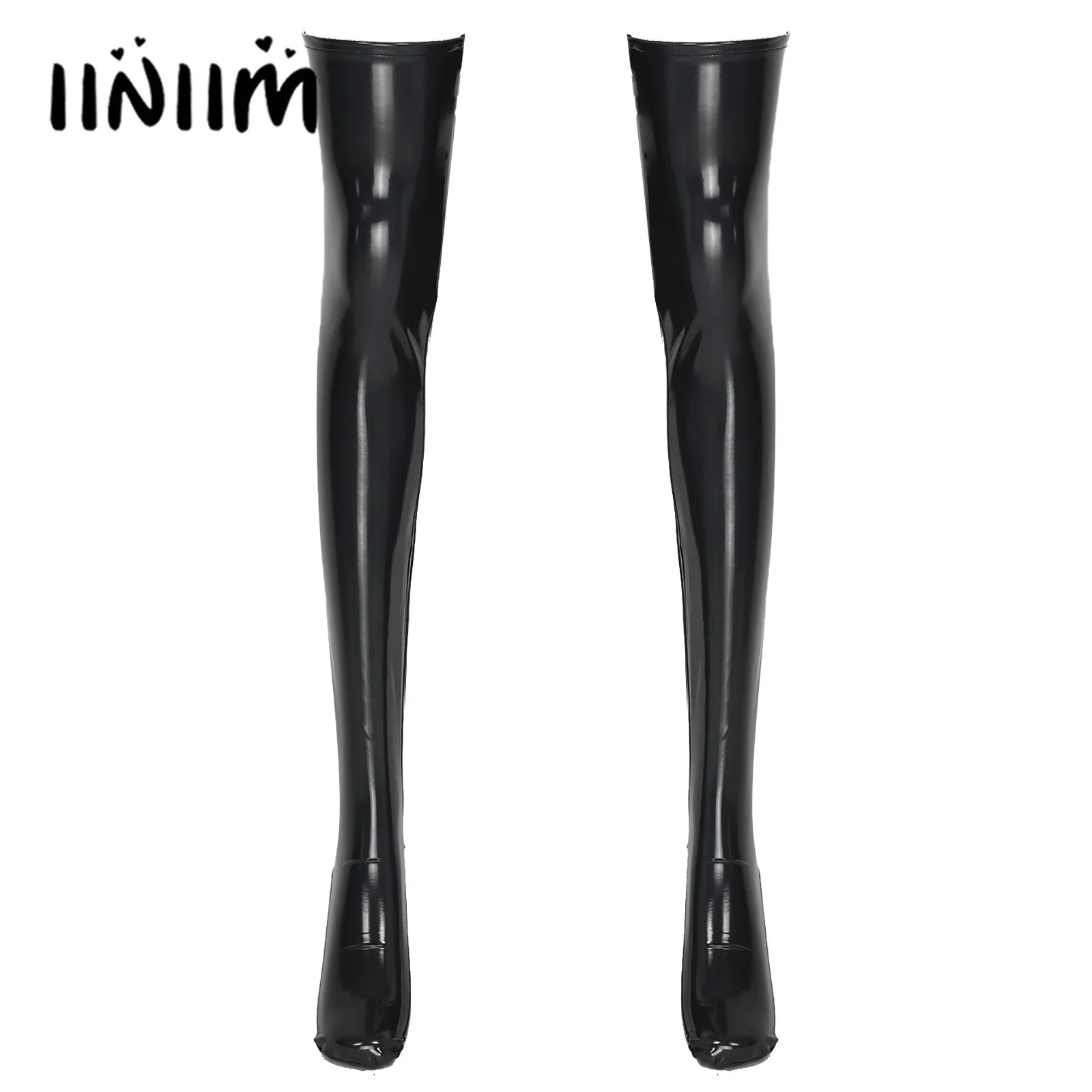 

1 Pair Womens Stocking Stage Show Clubwear Pure Color Wet Look PU Leather Footed Thigh High Stockings for Roleplay Cosplay