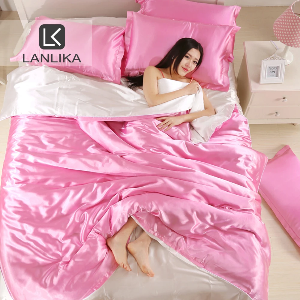 Lanlika роскошный комплект постельного белья розовый белый атласный шелк