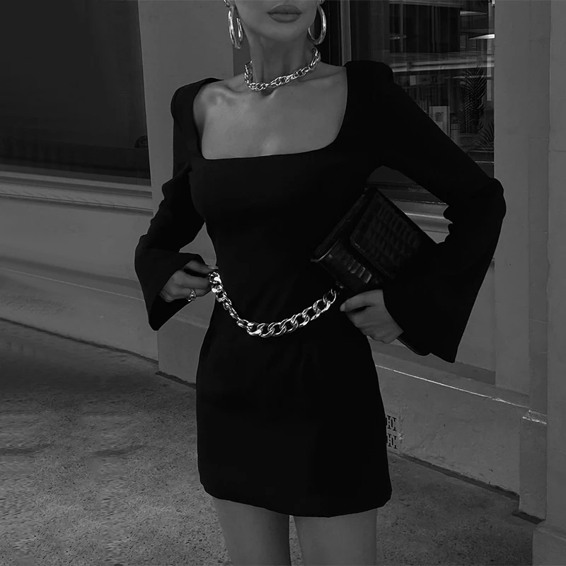 

Free shipping Vintage Square Collar Sexy Backless Chain Women's Mini Dresses Elegant Outfits for Long Sleeve Dress Fall Clothes