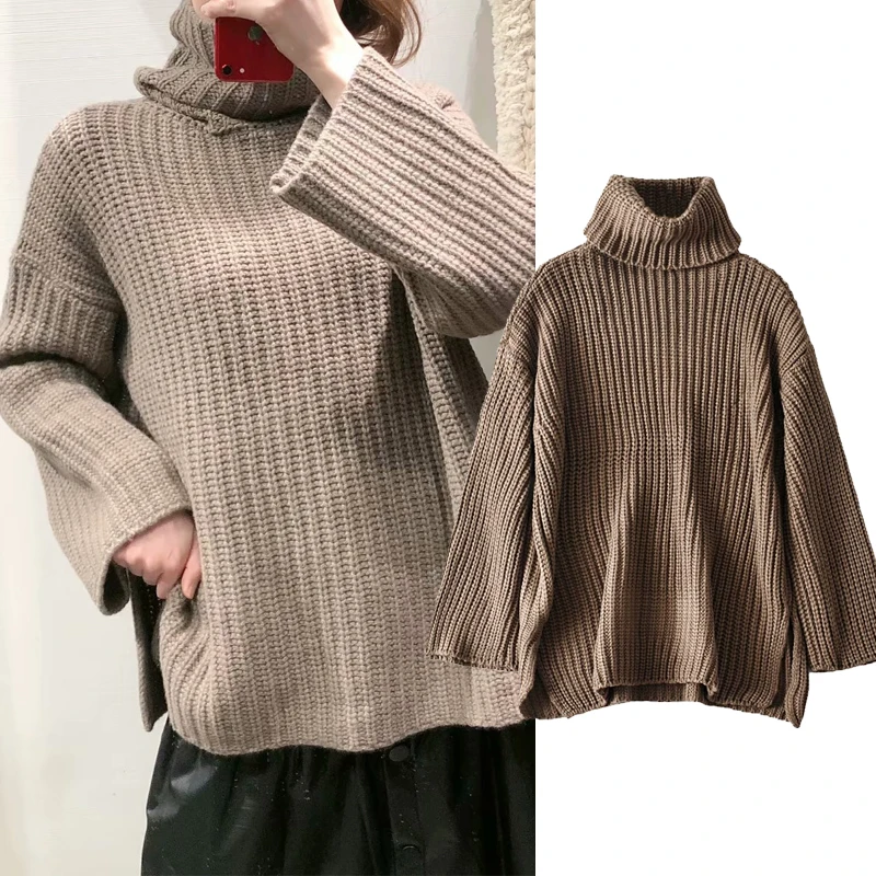

ZA 2020 Women Autumn Solid color Turtleneck sweater winter Thicken Sweater Girl Long Sleeve Casual Loose Knit Pullovers