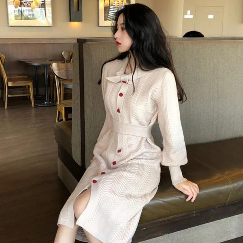 

Women Knit Cardigan Dress Bow Long Sleeve Button Dress Split Casual Dresses K2