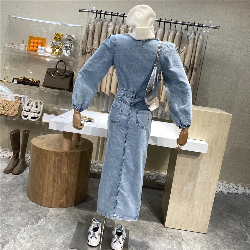 

Pattern Drill Button Round Collar Bubble Sleeve Short Coat + Temperament High Waist Show Fork Wrap Buttock Skirt Cowboy Suit