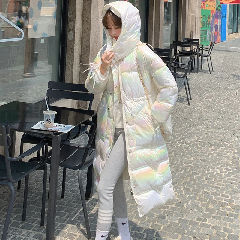 PERHAPS U Women Causal Drawstring Bow Hat Pockets Zipper Wash-Free Down Jacket Long Glossy Bright Cotton-Padded Jacket C3023